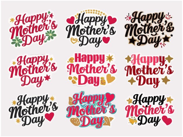 Vector happy mothers day typography stickers with diverse fonts hearts star vector design