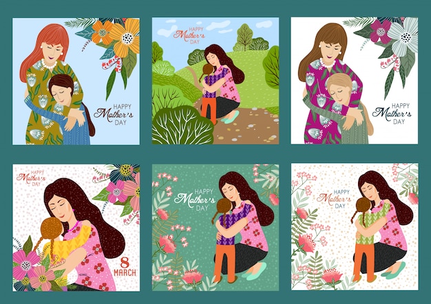 Happy mothers day. vector set templates with mother and child