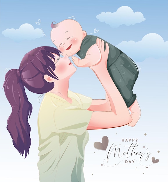 Happy mothers day with beautiful mother holding baby
character