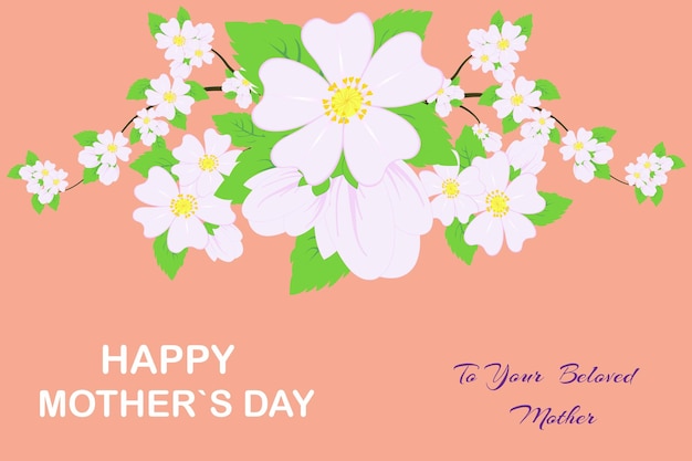 Happy mothers day with love with bright spring apple blossoms against a background of peach fuzz