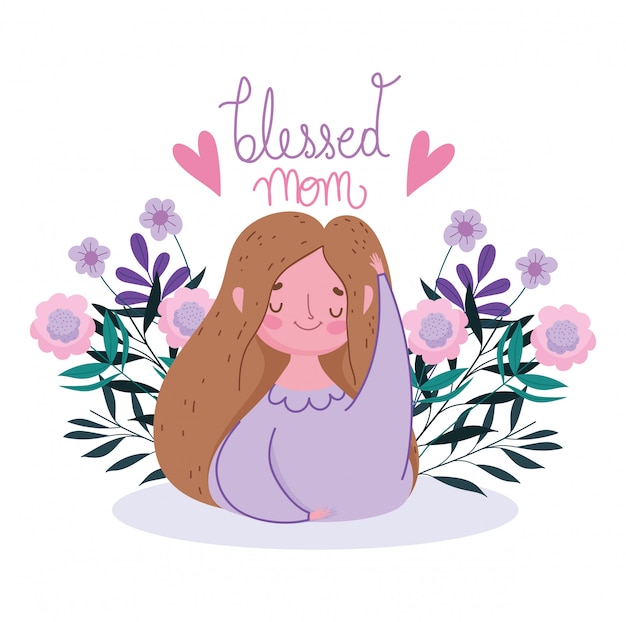 Happy mothers day, woman character blessed mom flowers botanical style design card vector illustration