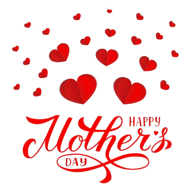 Happy Motrer s Day calligraphy lettering with origami red hearts isolated on white Mothers day typography poster banner or greeting card Paper cut vector illustration Easy to edit template