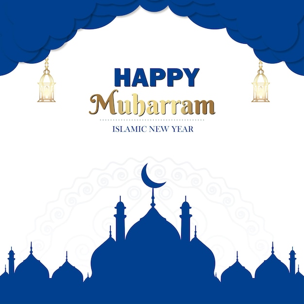 Счастливый мухаррам сине-белого цвета фон исламская публикация в социальных сетях