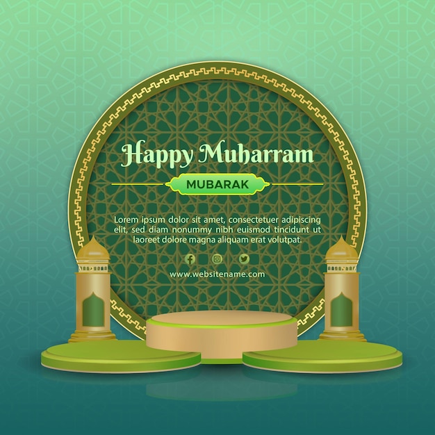 Happy Muharram calligraphy social media post template with circle ornament and 3d podium