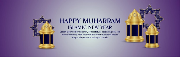Felice anno nuovo muharram islamico banner con lanterna dorata su sfondo pattern