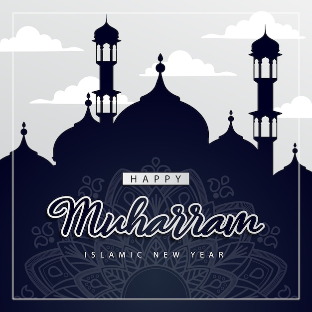 Happy muharram, islamic new year celebration with mosque silhouette