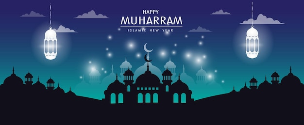 Happy muharram islamic new year design with blue night background for banner