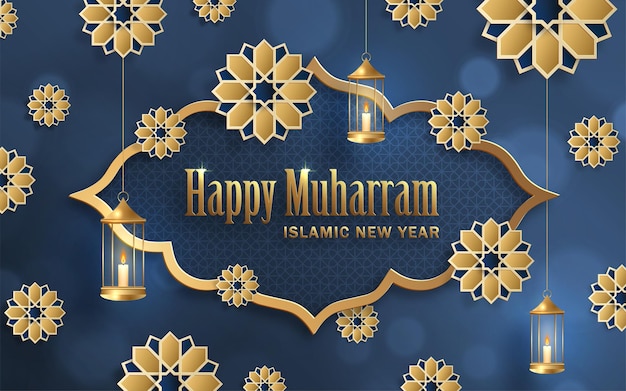 happy muharram the islamic new year new hijri year design with gold pattern on color background
