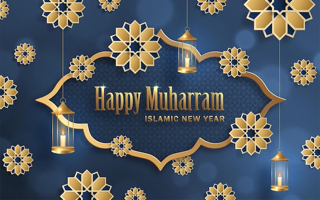 Happy muharram the islamic new year new hijri year design with gold pattern on color background