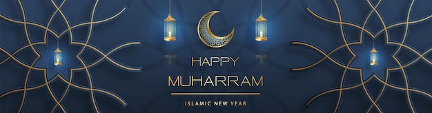 Happy Muharram the Islamic New Year new Hijri year design with gold pattern on color background