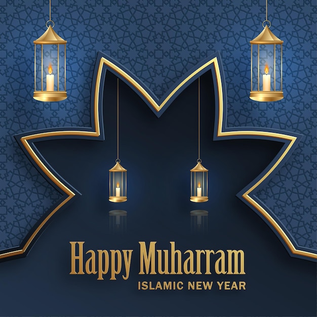 Happy muharram the islamic new year new hijri year design with gold pattern on color background