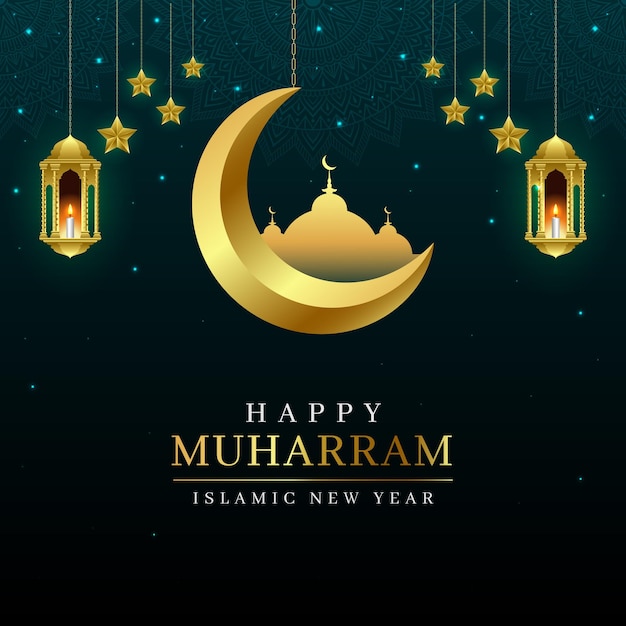 Vector happy muharram and islamic new year religious greeting background