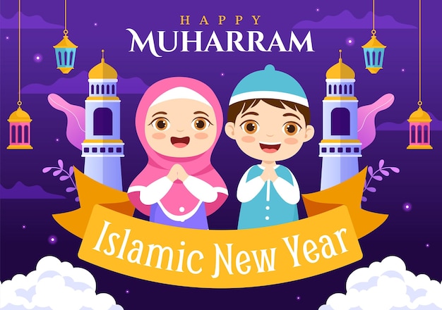 Felice muharram capodanno islamico illustrazione vettoriale con bambini musulmani in modelli disegnati a mano piatta