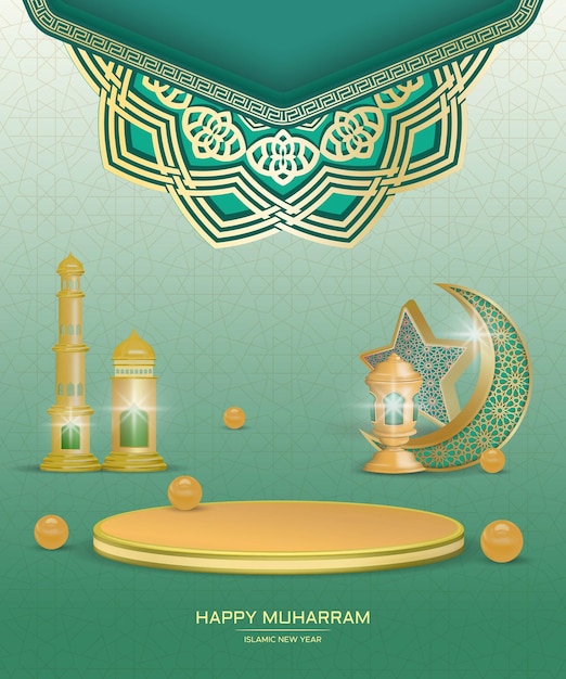 Modello di post sui social media happy muharram con podio 3d e ornamento islamico