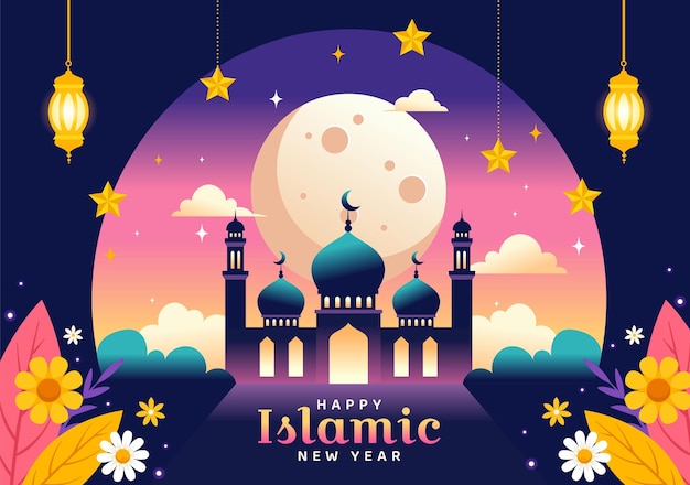 Векторная иллюстрация празднования исламского Нового года с концепцией мечети и фонаря