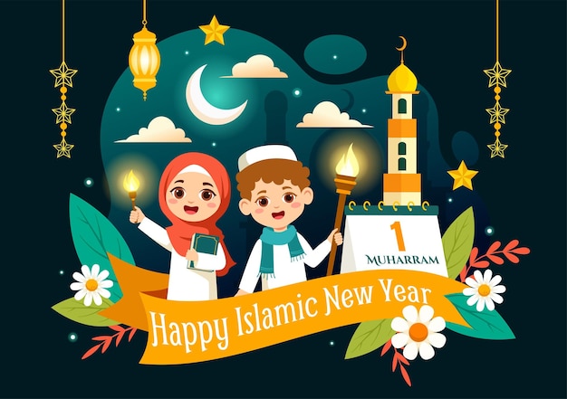 Happy muharram vector illustration of celebrating islamic new year with mosque and lantern concept