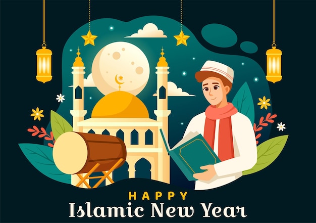Happy Muharram Vector Illustration of Celebrating Islamic New Year with Mosque and Lantern Concept