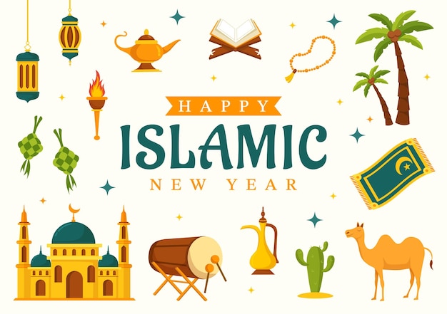 Happy Muharram Vector Illustration with Celebrating Islamic New Year in Flat Cartoon Hand Drawn