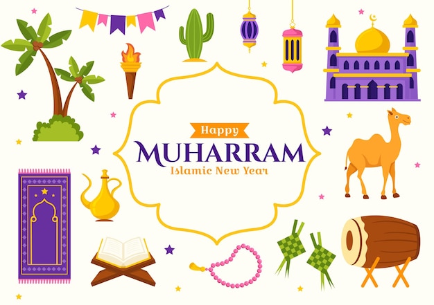 Happy Muharram Vector Illustration with Celebrating Islamic New Year in Flat Cartoon Hand Drawn