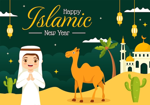 Illustrazione vettoriale di muharram felice con bambini che celebrano il capodanno islamico in cartoni animati disegnati a mano