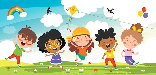 Vector happy multi ethnic kids playing together