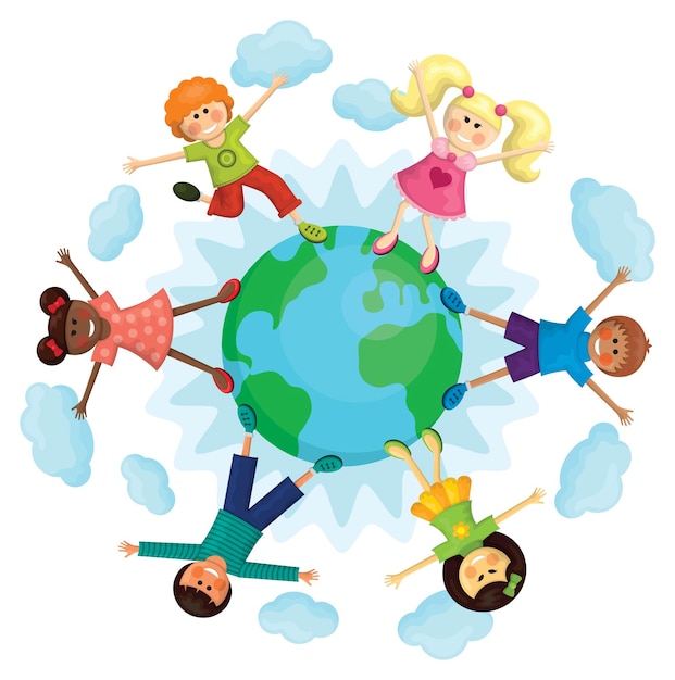 Vector happy multi ethnic kids standing around the earth boys and girls playing around the earth