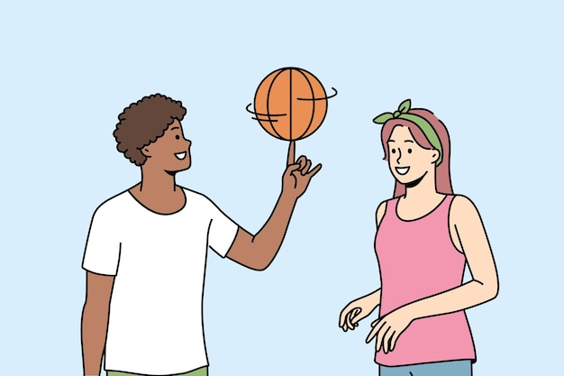 Happy multiethnic couple play basketball