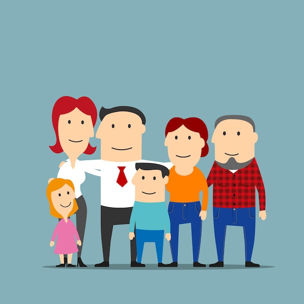 Happy multigenerational family cartoon portrait