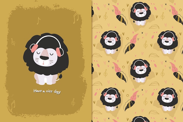 happy music lion seamless pattern