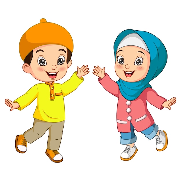 Vector happy muslim boy and girl cartoon