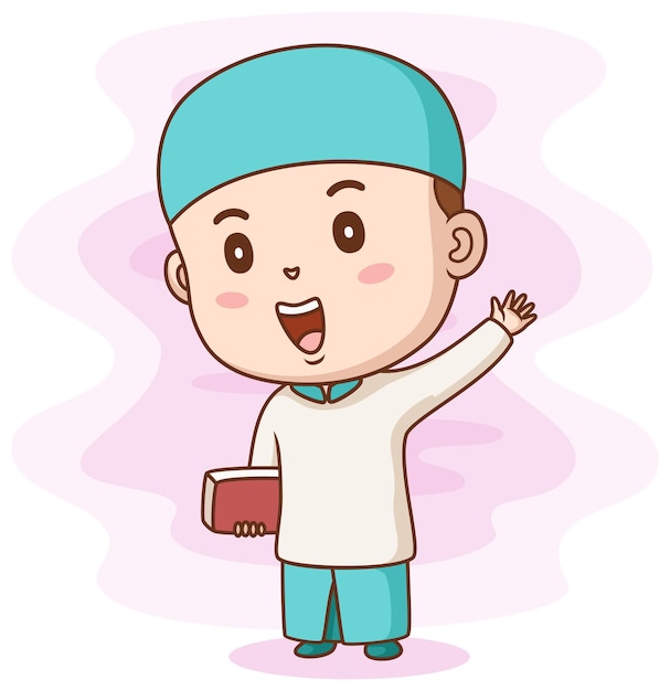 Happy muslim boy holding quran book vector illustration