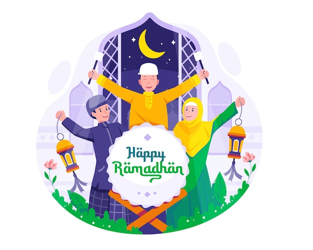 I bambini musulmani felici celebrano il ramadan kareem con bedug o tamburo e portando l'illustrazione delle lanterne