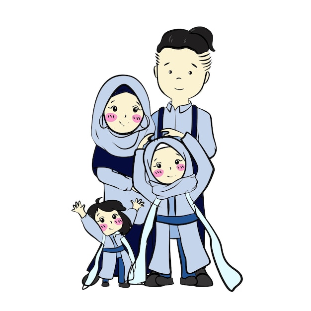 파란색의 행복한 이슬람 가족