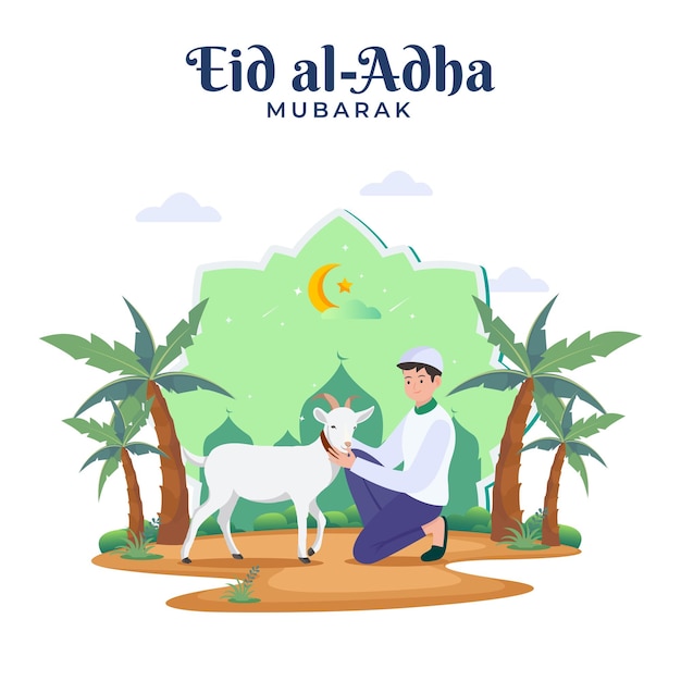 幸せなイスラム教徒の家族はヤギ フラット ベクトル テンプレート イラストで Eid Al Adha Mubarak を祝います