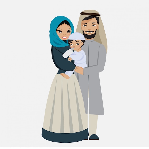 Happy muslim family flat vector isolated with background