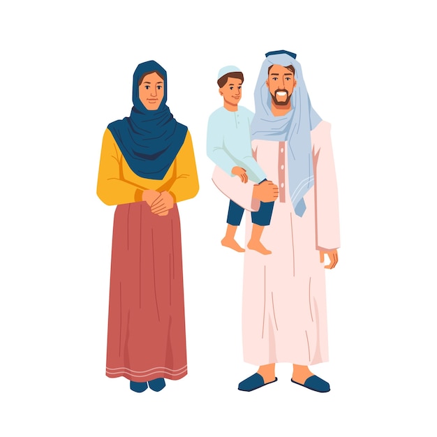 Vector happy muslim family man with son on arms and woman in national cloth isolated cartoon people vector