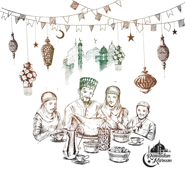 Happy muslim family ramadan kareem iftar party celebration eid sketch vector illustration