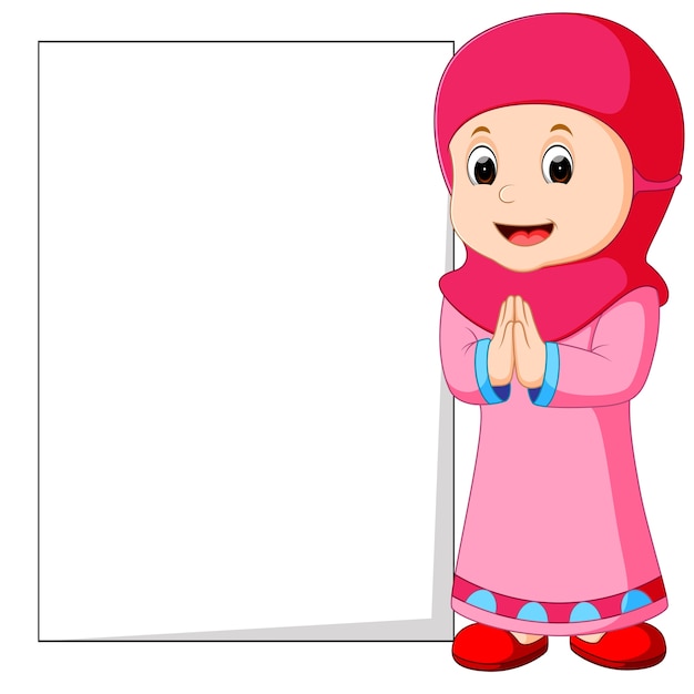 Happy muslim girl cartoon holding blank sign
