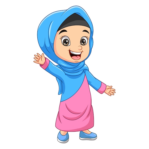 Happy muslim girl cartoon waving hand