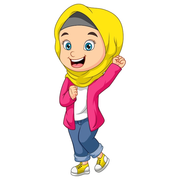 白い背景の上の幸せなイスラム教徒の少女の漫画