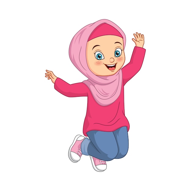 白い背景の上の幸せなイスラム教徒の少女の漫画
