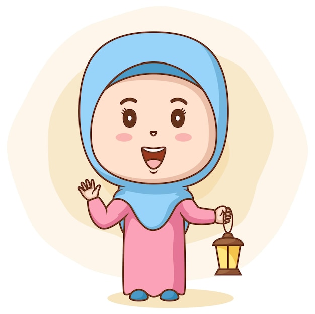 Happy muslim girl holding lantern Vector illustration