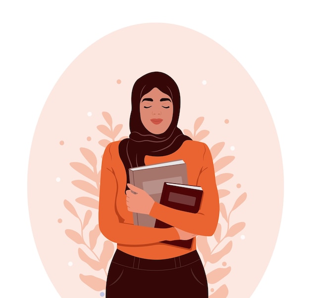 Happy muslim girl student with book Vector illustration in cute cartoon style