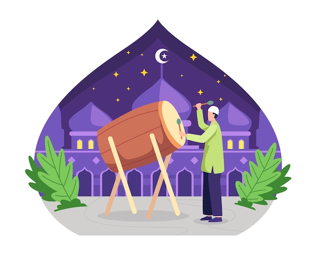 Musulmani felici che suonano il tamburo e celebrano eid mubarak. illustrazione in uno stile piatto