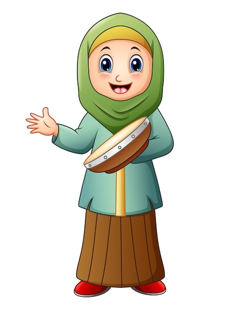 Happy muslim kid cartoon playing tambourine