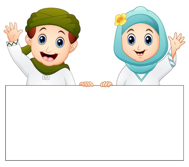 Vector happy muslim kid holding blank sign and waving hand