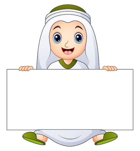 Happy muslim kid holding blank sign