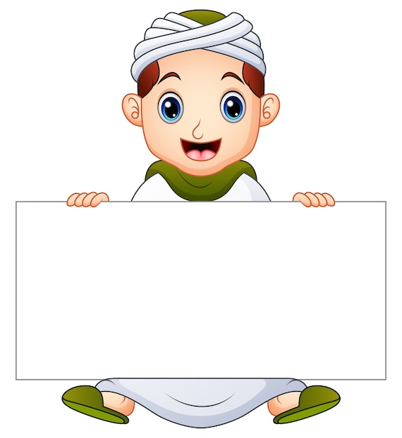 Happy muslim kid holding blank sign
