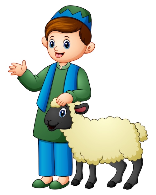 Happy muslim kid holding sheep