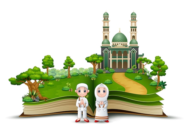 Happy Muslim Kids cartoon in front of a mosque